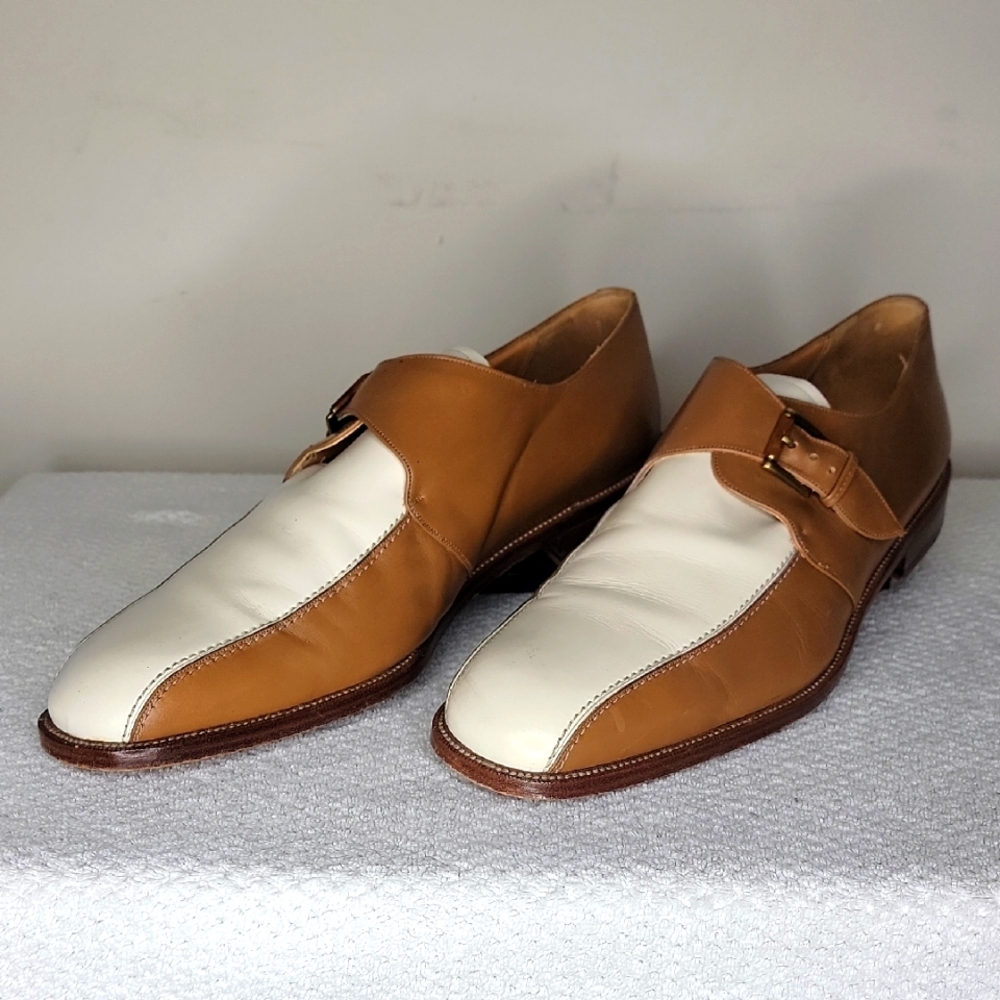Paolo De Marco Monk Strap Shoes Size 15 Color Blocked Tan and Cream